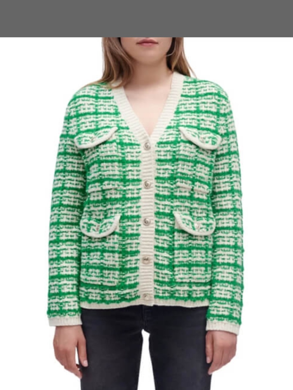 Maje Green and Cream Tweed Button-Up Cardigan
